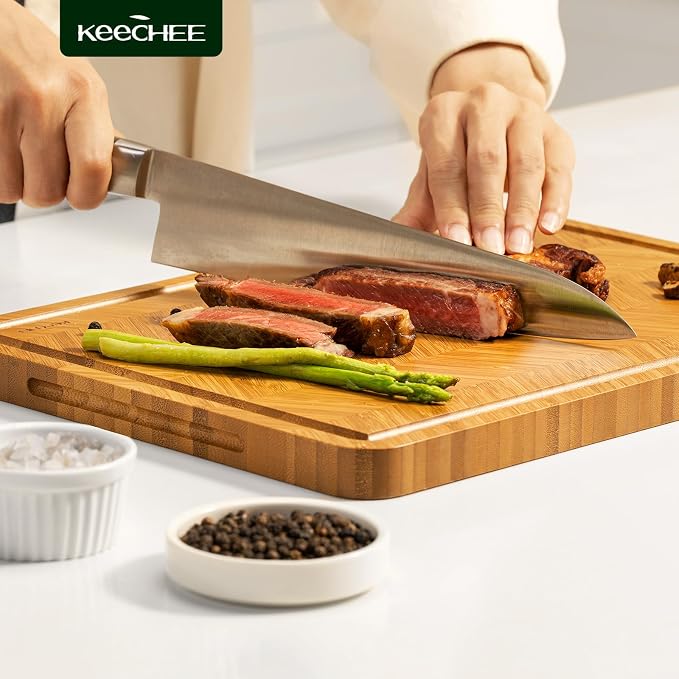 Keechee Atelier Collection Bamboo Cutting Board, Reversible Wood Chopping Boards for Kitchen with Juice Grooves, Handcrafted Large Serving Tray, Luxury Housewarming Wedding Gifts for New Home
