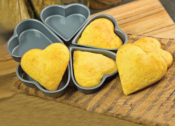 Fox Run Linked Heart Cake Pan, 4-Inch Hearts, Nonstick Heat Shaped Cake Pan | Makes 4 Mini Heart Cakes | Valentine's Day & Date Night Baking Pan | Consistent Results | 4 Inch Heart Shaped Cake Molds