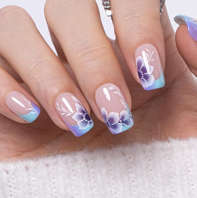 CurvLife Floral Press On Nails, Summer Flowers,Soft Gel | 32PCS, 16 Sizes, Salon-Quality Natural Fake Nails, Curved Fit, 7-14 Day Glue-On Wear, Reusable Stick-On Nails, Press-On Kit
