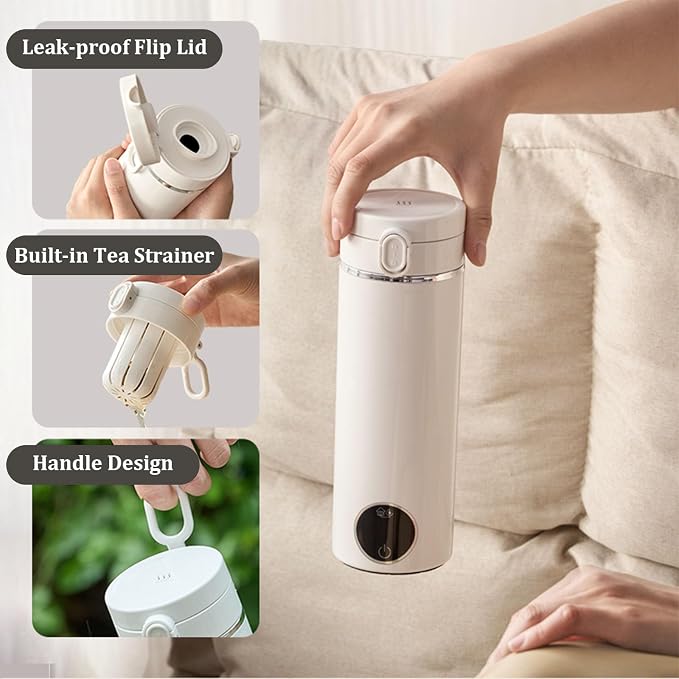 Portable Electric Travel Kettle, 500ml Portable Kettle with USB-C, Mini Travel Hot Water Boiler with Carry Handle & 6 Adjustable Temperature Settings, Dual Power Modes for Home Car Camping