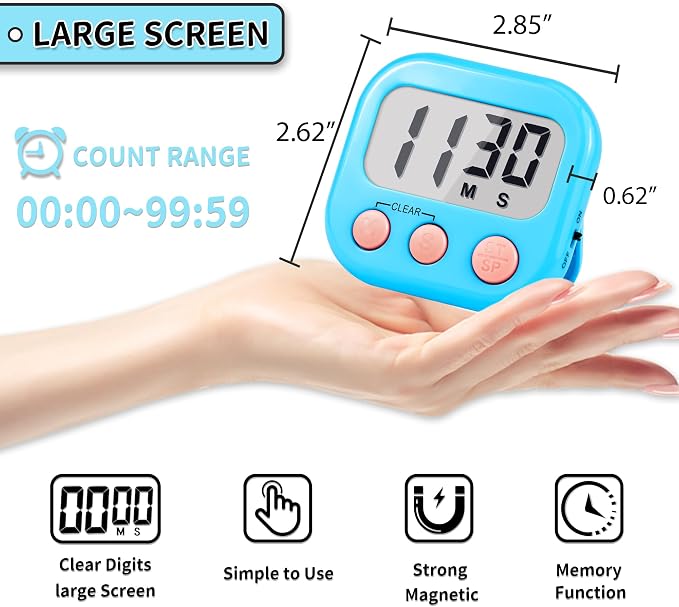 Timer for Kids Digital Kitchen Timers for Cooking- 2 Pack Blue White | Countdown Timer for Classroom Study Exercise Teacher Supplies, Strong Magnetic, Loud Alarm, Large Screen, Fast Reset, Memory