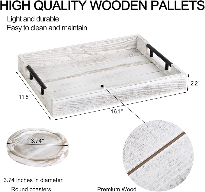Wooden Serving Ottoman Tray With 4 Coasters, Breakfast Tray With Handles, Home Decor for Living Room, Coffee Table