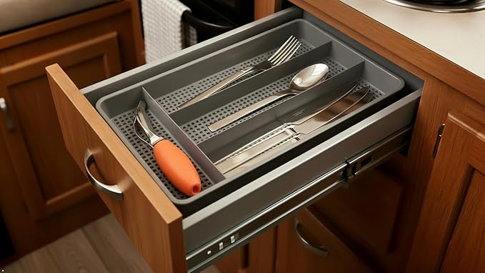 Dial Industries Small Utensil Silverware Kitchen Drawer Organizer, Grey | Keeps forks, spoons and flatware neatly separated, Compact fit for shallow drawers, Great for RVs, campers or everyday use