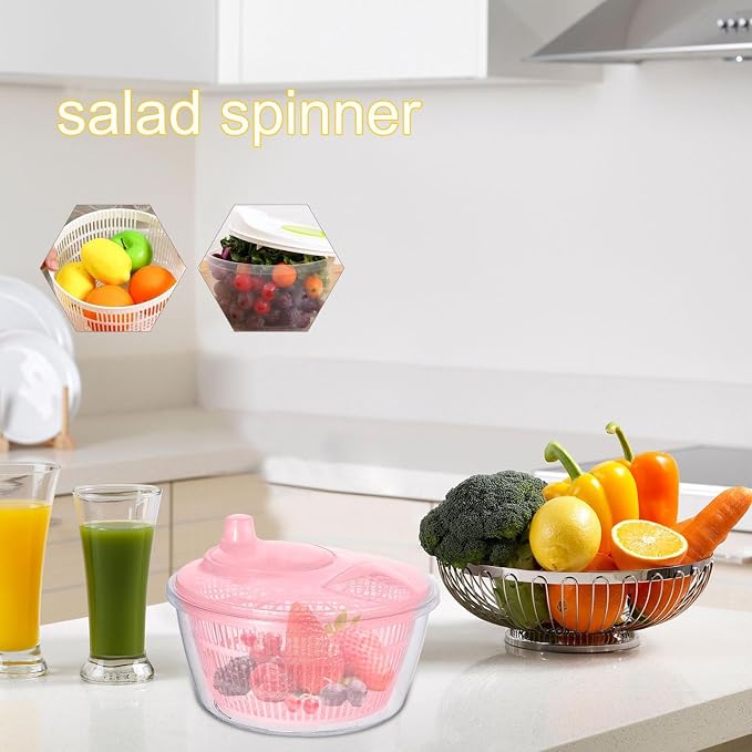 Generic Vegetable Fruit Washer Spinner, Manual Fruits Washer, Durable Salad Dryer Bowl, PP Salad Spinner Lettuce Dryer, Vegetable Washer Dryer With Effortless Action For Lettuce, Vegetables, Pink
