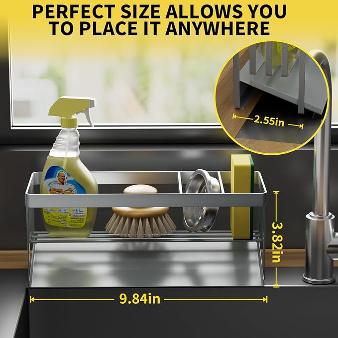Kitchen Sink Caddy Organizer for Kitchen Countertop Organizers Silver | 304 Stainless Steel, Removable Drip Tray, Home Decor Accessories