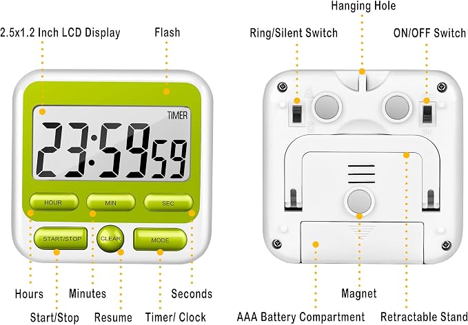 4-in-1 Digital Timer with Count Up/Down, Clock & Alarm, Ring & Silent Modes | Large 2.8-Inch easy-read LCD, On/Off switch, 24-Hour count up/down, Fast-forward function, Magnetic back, stand, hanging hole