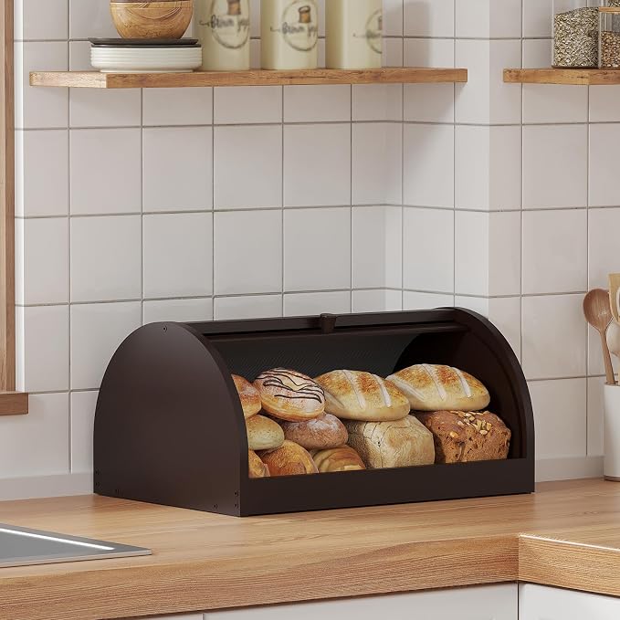 STDDRE Corner Bread Box for Kitchen Countertop Roll Top Bread Box Kitchen Food Storage Box for Homemade Bread Bread Holder for Kitchen Counter Pantry Shelf (Brown)
