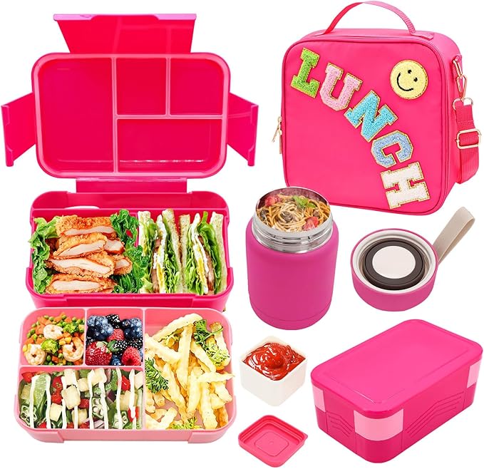 PainZieteg Lunch Box for Girls with 10oz Thermo 6 Compartment Bento Set | Nylon Insulated Lunch Bag with Adjustable Strap, Ideal for Kids, Teens School, Travel, Picnic, Leakproof Thermal Pouch, Green