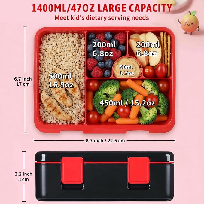 rockpapa Chill Bento Box for Kids- Large 5.5 Cups Lunch Box with Ice Pack - 5 Compartments, BPA-Free, Leak Proof, with Utensils & Portable Handle, Microwave/Dishwasher Safe (Black Games)