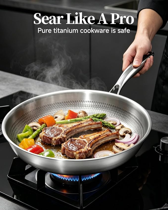 Titanium Pans for Cooking,12 Inch Frying Pan,Nonstick Pan Skillet | Uncoated Hammered Pure Titanium Pro Pan, PFOA/PFAS/PTFE Free Cookware Non-Toxic, Induction & Oven-Safe