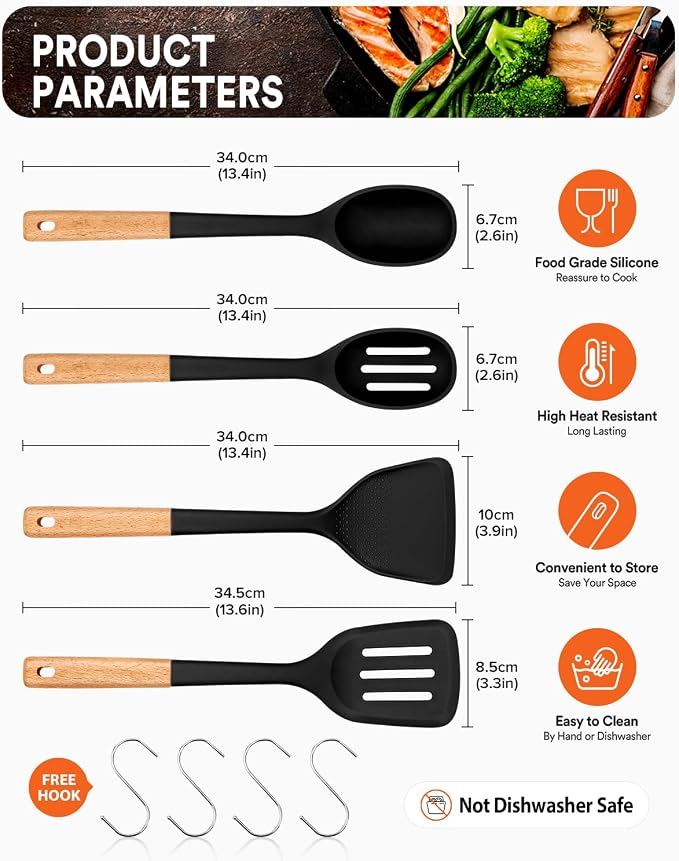 Silicone Cooking Utensils Set, Safe for Nonstick Cookwares, Black | Perfectly Angled for Frying, Mixing,Serving,Draining,Turning and Stirring, BPA-Free Matte Silicone, Wood Handles,4 Pack