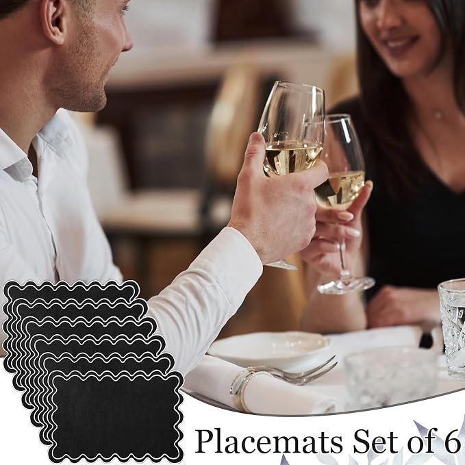 HunnmingRe Black with White Set of 6 Cotton Linen Wedding Placemats, 13x19 Inch Scalloped Wavy Embroidery Placemat Double Layered Washable Rustic Rectangle Dinner Table Mat for Home Decor