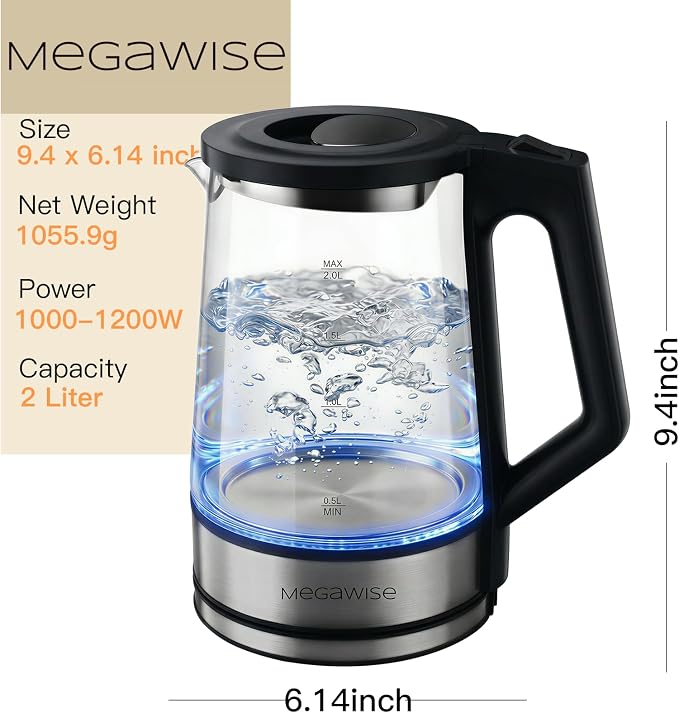 MEGAWISE 2L Electric Kettle, 1000W, BPA-Free Large Water Jug with Handle & Time Markers, Motivational Leak-Proof Bottle for Office, Home, Gym - Ensure Daily Hydration