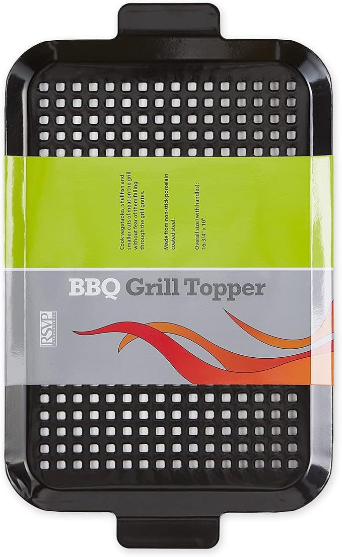 RSVP International Porcelain Coated Steel BBQ Grill Tray/Pan, Outdoor Barbeque Grilling Accessories for Cooking Fish & Vegetables, Dishwasher Safe, Medium, 16.75x10"