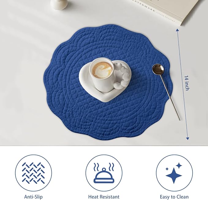 6 PC Quilted Placemats, 14" Extra Large Cotton Placemats Set of 6, 100% Cotton Fabric Washable Cloth Table Mats for Kitchen & Dining Table - Soft &Easy Clean(Sapphire Blue, Round)