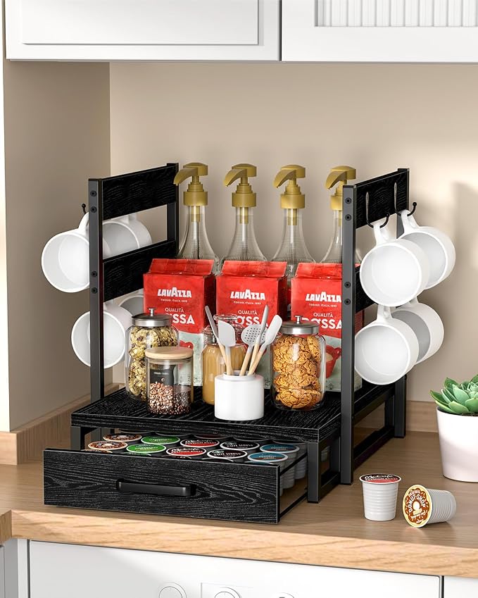 Evermagin K Cup Holder for 35 Pods,Coffee Pod Holder Compatible with Keurig | K cup organizer, Coffee Station Organizer for Countertop with 8 Mug Hooks,Easy Assembly, Black