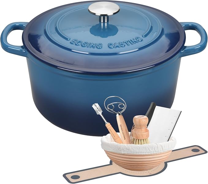 EDGING CASTING Enameled Cast Iron Dutch Oven with Sourdough Bread Baking Kit, Bread Dutch Oven with Lid, Includes Proofing Basket & Baking Tools, 5qt, Lake Blue