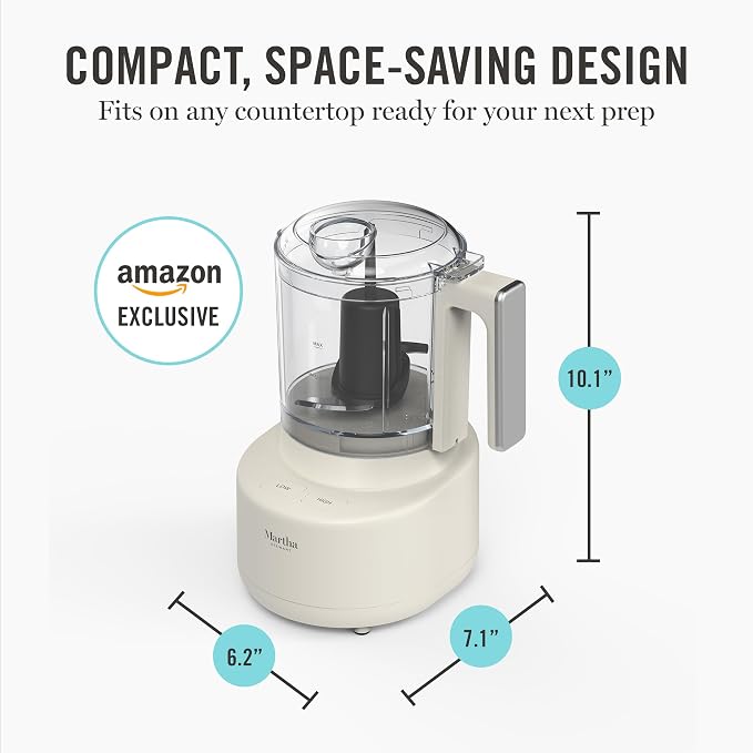 Martha Stewart 3 Cup Electric Vegetable Chopper, Mini Food Processor, Linen | 24oz BPA-Free Bowl, Stainless Steel Blades, Pour Spout, Dice, Puree, Mince, Chop Vegetables & Herbs, Dishwasher-Safe Parts