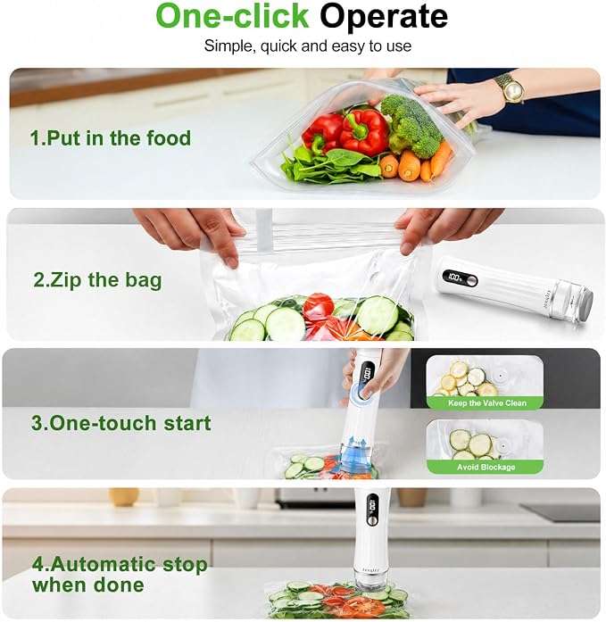 Vacuum Sealer for Food (Compact Vacuum Sealer Machine + 40 Reusable Vacuum Bags), Handheld Vacuum Food saver with LED Display for 10X Preservation, Powerful 80Kpa Portable Vacuum Sealer
