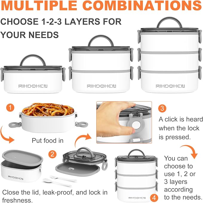 RIKDOKEN Lunch Box, Stackable 3 Layers Containers, Portable 94OZ Large Capacity Leakproof Bento Box with Spoon & Fork & Sauce Boxes, Microwave Safe Lunch Box for Kids and Adults