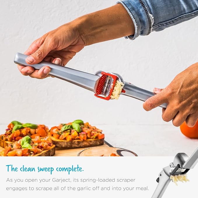 Dreamfarm Garject Garlic Press with Peel Ejector & Scraper - Red | No-peel mincer with skin eject button, crushes up to 3 cloves, dishwasher safe, durable chrome-plated zinc