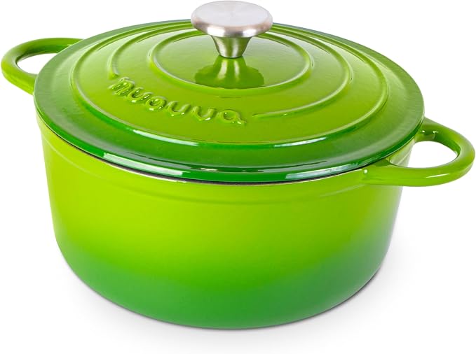Cast Iron Pot with Lid-Non-Stick Ovenproof Enamelled Casserole Pot, Oven Safe up to 500° F-Sturdy Dutch Oven Cookware - Green, 5-Quart, 24cm-by Nuovva