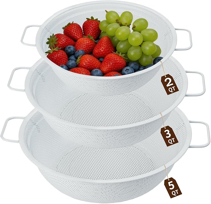White Stainless Steel Colander Set of 3, Micro-Perforated Metal Kitchen Strainer Set with Handles & Feet for Draining Pasta, Rice, Vegetables - Heavy Duty Decorative Colanders (2, 3, 5 Quart)