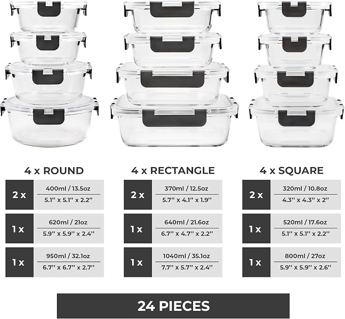 Freshware Glass Storage Containers with Lids, 24 Pieces, 12 Containers with 12 Lids, Glass Meal Prep Container for Lunch, Food Storage Containers, Leak Proof, Freezer Safe, Gray