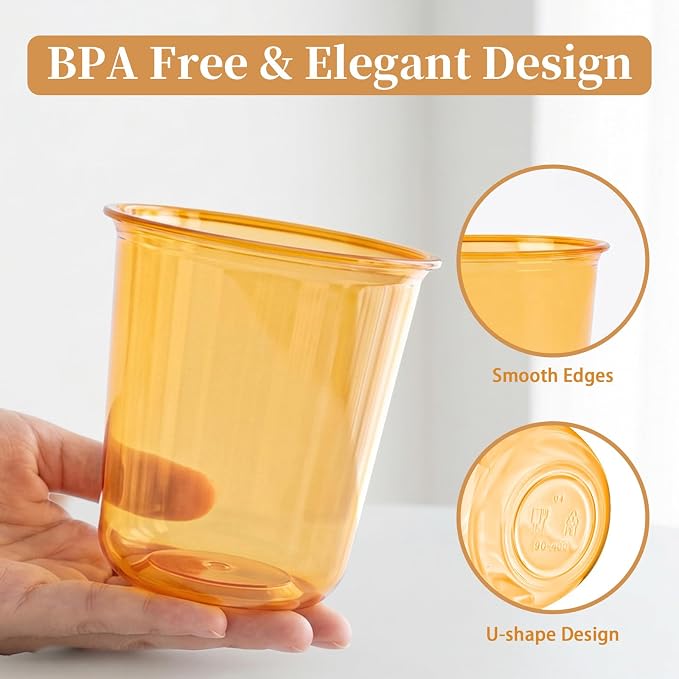 WELLIFE 50 Pcs 12 oz Clear Orange Plastic Cups | Disposable Cocktail Glasses Stemless Wine Punch Cups for Cold Drinking Party Supplies Graduation Halloween Thanksgiving Day