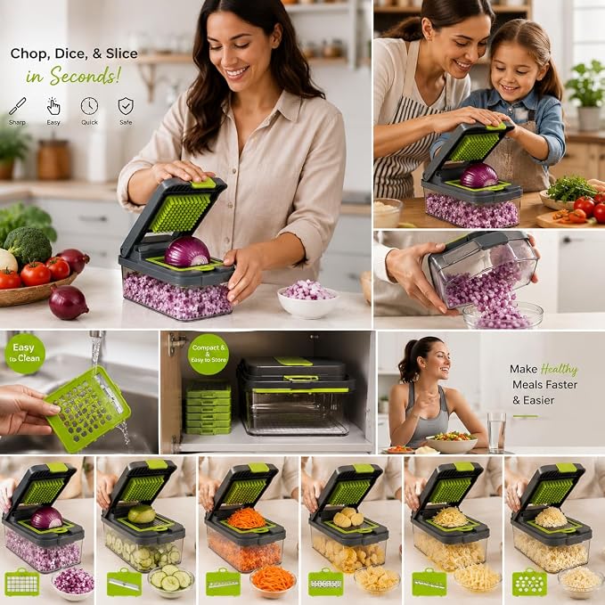 Vegetable Chopper 12-in-1 Multifunctional Food Chopper with 7 Blades, Veggie, Food, Onion Chopper, Cucumber Slicer, Versatile Mandoline, Includes Egg Separator & Finger Guard
