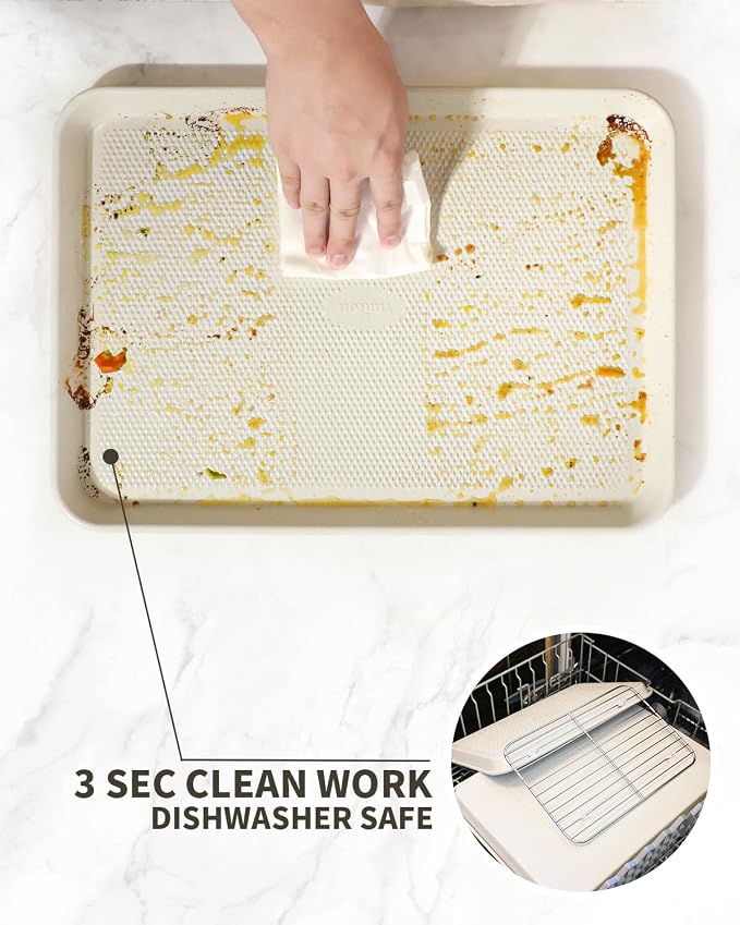 2-Pack 9x13 Quarter Sheet Pan Baking Sheet Set with Wire Rack - Nonstick 0.8mm Carbon Steel, Cookie Sheets for Baking, Non-Toxic, Dishwasher Safe, Oven Safe 450°F (External 9.5x13.6)