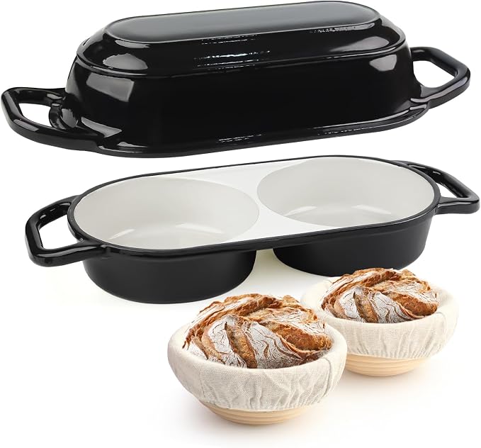 YONILL Mini Double Dutch Oven with Lid for Sourdough Bread Baking (Black) | Enameled Cast Iron Pot with Lid, 5" Banneton Bread Proofing Basket Include, Dual Round Bread Loaf Pan for Homemade Baking