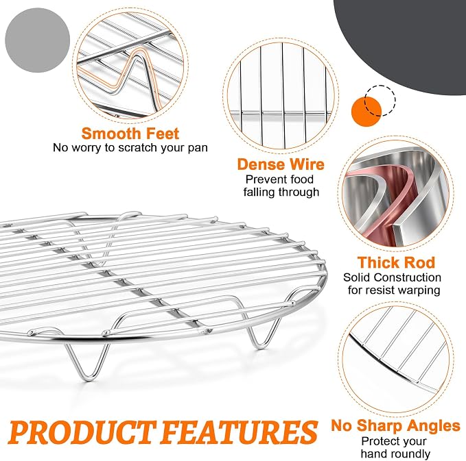P&P CHEF Round Cooking Rack, Cooling Rack for Steamer, 9”, Silver | 3 Pack Stainless Steel Baking Rack for Grilling Roasting, Fits Air Fryer, Canning Pot, Oven & Dishwasher Safe, Non-toxic