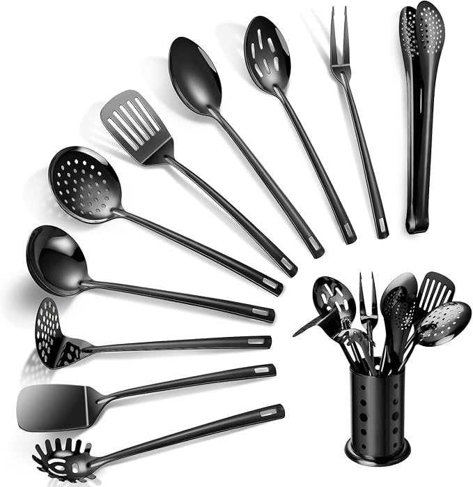 Stainless Steel Kitchen Utensils Set,11pcs Cooking Utensils Set with Holder | Black Metal Kitchen Tool Set for Cooking with Turners, Potato Masher, Spatula, Spoons, Pasta, Tongs