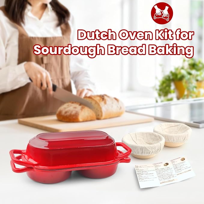 YONILL Mini Double Dutch Oven with Lid for Sourdough Bread Baking (Red) | Enameled Cast Iron Pot with Lid, 5" Banneton Bread Proofing Basket Include, Dual Round Bread Loaf Pan for Homemade Baking