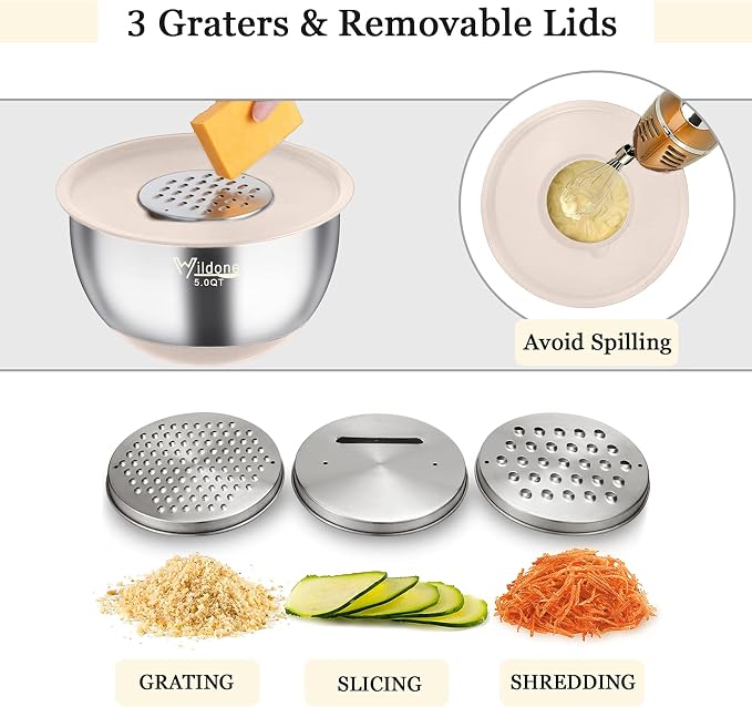 Wildone Mixing Bowls with Airtight Lids, Stainless Steel Mixing Bowls Set | Metal Bowls with 3 Grater Attachments & Non-Slip Bottoms, Size 5, 4, 3, 2,1.5, 0.63QT, Includes Utensil Set for Prep, Khaki