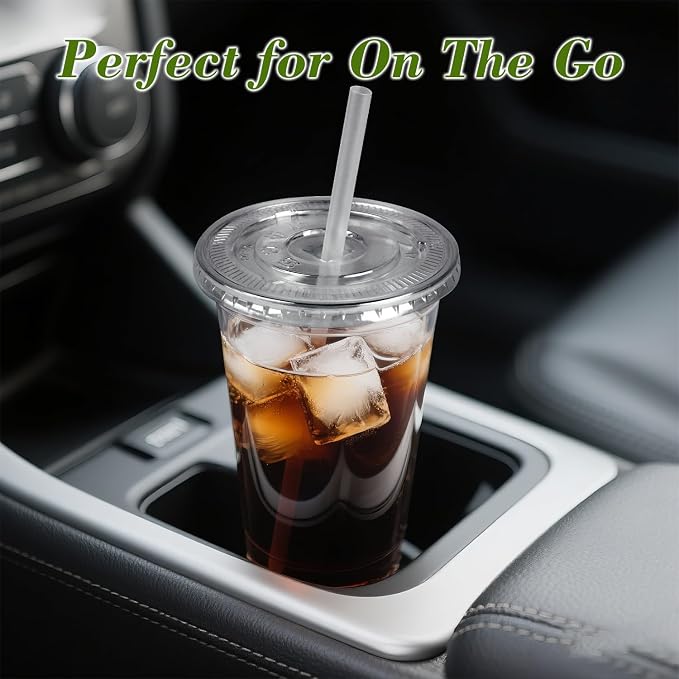 Ginkgo 32 oz Clear Plastic Cups with Lids and Jumbo Straws | Leak-Proof & Sturdy Disposable To Go Iced Coffee Cups for Smoothie, Boba Milk Tea - 50 Pack