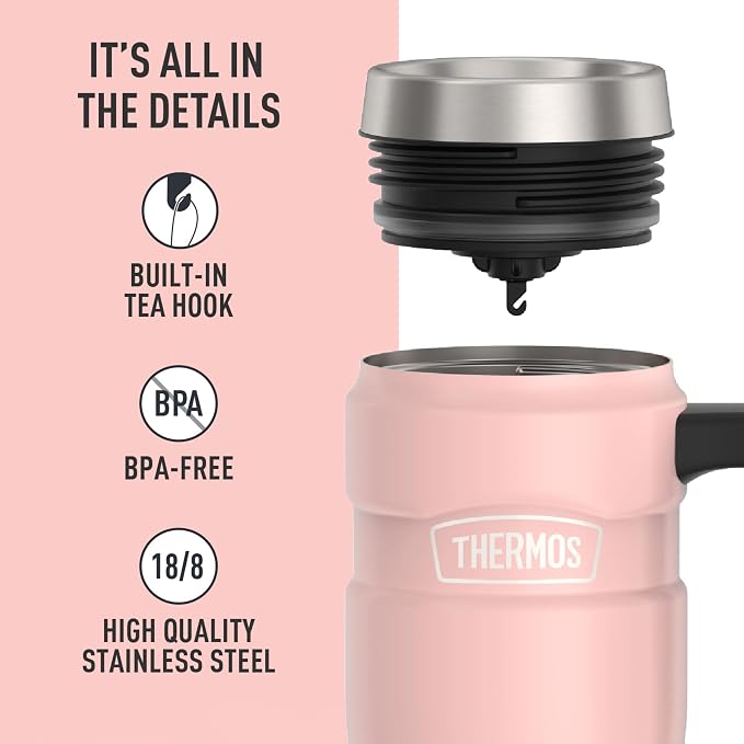 THERMOS Stainless King Travel Mug with Handle, 16oz, Matte Pink | Vacuum-Insulated Travel Mug with Handle for Hot & Cold Drinks, Stainless Steel Coffee Mug with Lid for Commuting