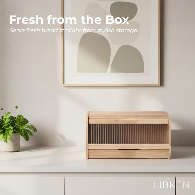 Bread Box – Durable Wooden Bread Bin with Secure Plastic Lid, Scandinavian-Inspired Design for Kitchen Countertop – Stylish Storage for Bread & Pastries