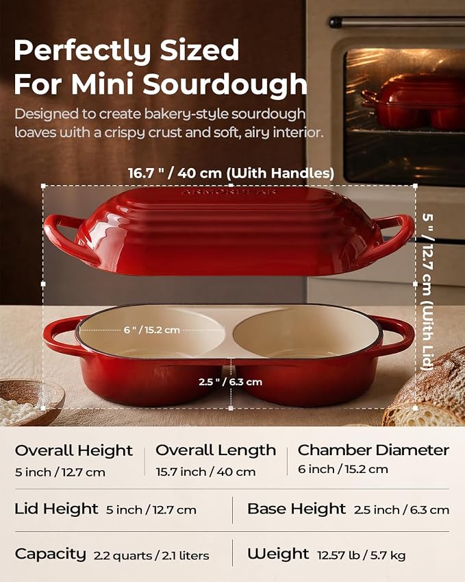 Mini Double Dutch Oven for Sourdough, Enameled Cast Iron Bread Pan, Red | Double Loaf Bread Pan with Lid, Mini Sourdough Dutch Oven for Bread Baking