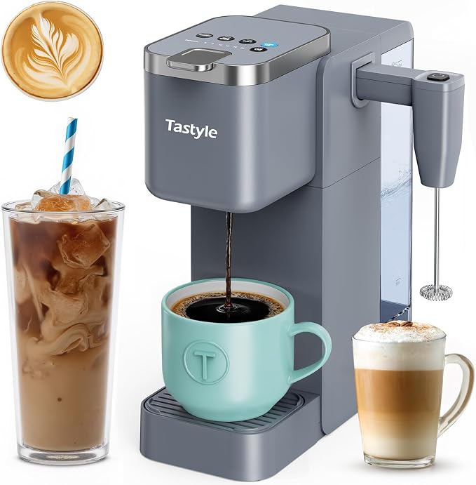 Tastyle Single Serve Coffee Maker with Built-in Detachable Milk Frother | For K Cups & Grounds, 40oz Removable Water Tank, 6 Brew Sizes, 2 Drip Trays, BPA Free, Fits 7.3" Travel Mug, K330MF, Gray
