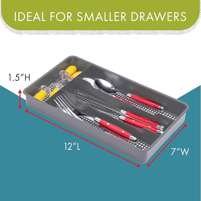 Dial Industries Small Utensil Silverware Kitchen Drawer Organizer, Grey | Keeps forks, spoons and flatware neatly separated, Compact fit for shallow drawers, Great for RVs, campers or everyday use