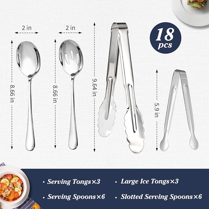 Mwellewm 18Pcs Serving Utensils Set Serving Tongs Serving Spoons for Buffet | Dishwasher Safe, Silver Stainless Steel Tableware, Metal Cutlery, for Parties Weeding Entertaining Catering Banquet Birthday
