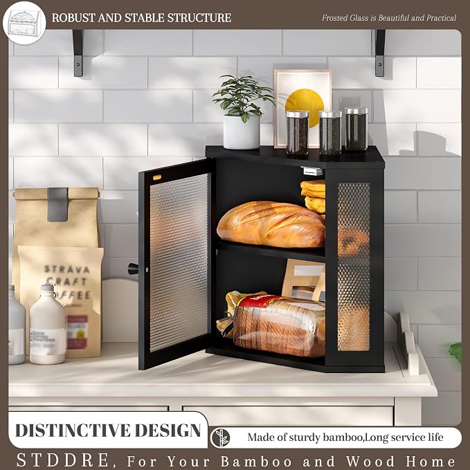 STDDRE Corner Bread Box Kitchen Countertop Extra Large Capacity Farmhouse Bread Box, Corner Countertop Storage, Double Layer Bread Holder (Black, Large)
