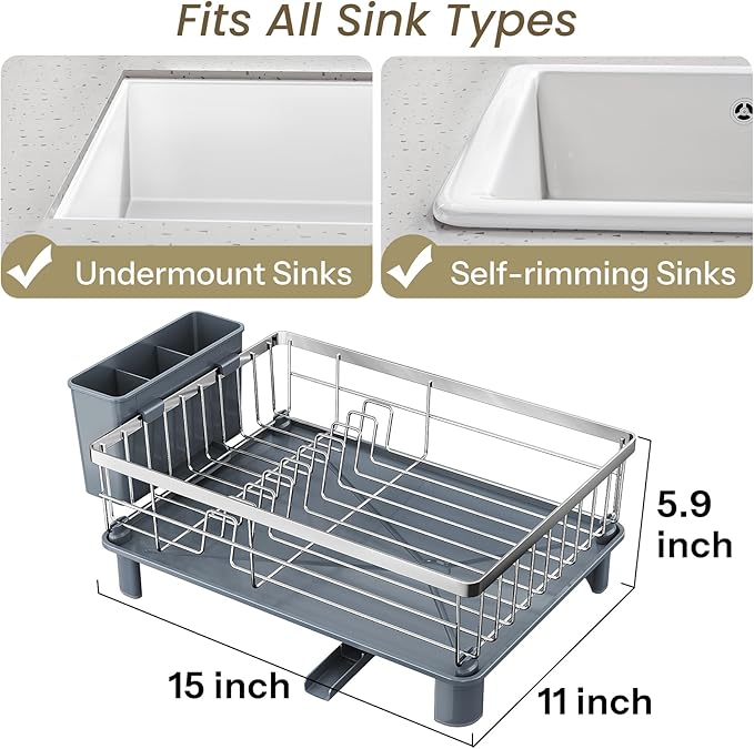 SNTD Dish Drying Rack for Small Kitchen Counter, 11" W x 15" L, Silver | Space Saving, Rotating Spout & Angled Drainboard for Quick Drainage, Stainless Steel, Removable Utensil Holder