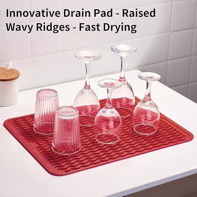 ZLR Silicone Dish Drying Mat for Kitchen Counter, 16"x12", Lava Red | Fast-Dry Wavy Ridges, Raised Edges Contain Water, Heat-Resistant Trivet to 450°F, 5mm Thick, Non-Slip, Dishwasher Safe