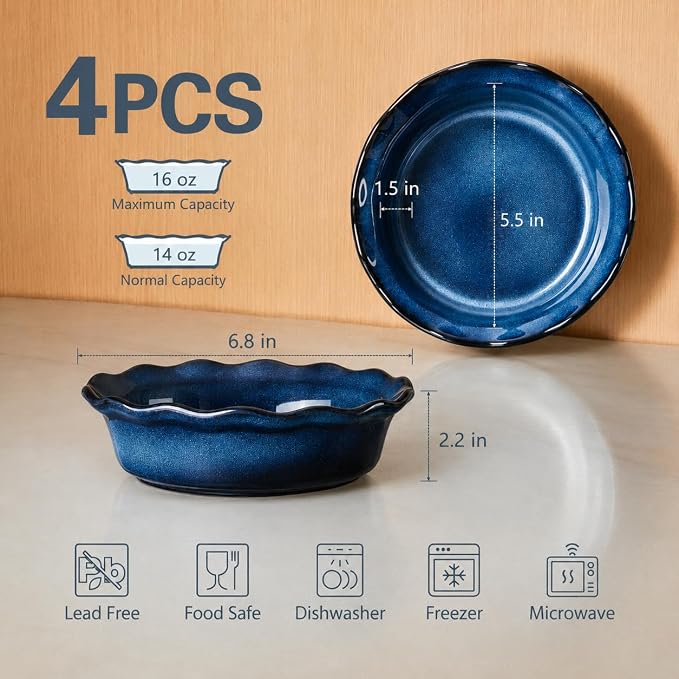ONEMORE 6 Inch Ceramic Mini Pie Pans Set of 4, Deep Dish Pie Plates with Fluted Edges, Blue Gradient Small Baking Dishes for Pot Pies, Quiche, Tarts and Individual Desserts, Oven Safe