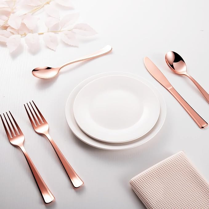 144 Pack Rose Gold Premium Heavy Duty Plastic Silverware, 48 Forks, 48 Knives, 48 Spoons, Perfect for Valentine's Day, Parties, Dinners, Weddings, BPA-Free, Disposable Plastic Cutlery Set Utensils Set