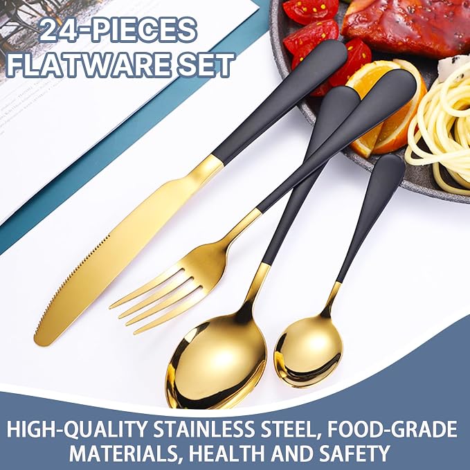 24 Pieces Flatware Set, Caliamary Stainless Steel Flatware Set with Silverware Holder Spoons Forks Knives,Utensils Set Service for 6,Gold Mirror Polished and Matte Pink Painted (Black)…