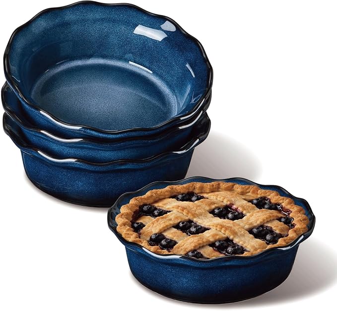 ONEMORE 6 Inch Ceramic Mini Pie Pans Set of 4, Deep Dish Pie Plates with Fluted Edges, Blue Gradient Small Baking Dishes for Pot Pies, Quiche, Tarts and Individual Desserts, Oven Safe